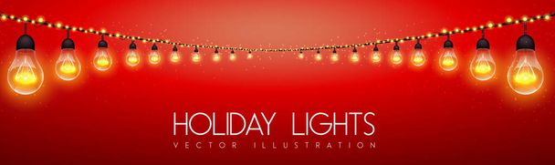 Vector garlang of gold or yellow lamps on red background. Holiday string of lights vector illustration - ベクター画像