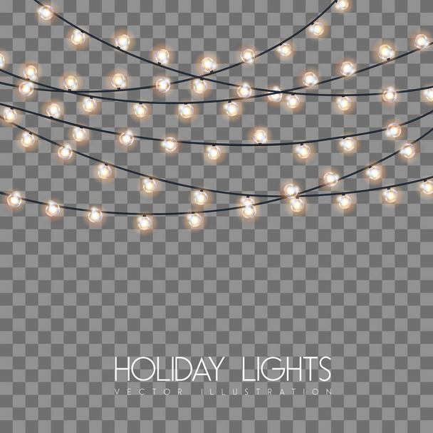 Garlang vectorial de lámparas doradas o amarillas sobre fondo transparente. Cadena de vacaciones de luces vector ilustración - Vector, imagen