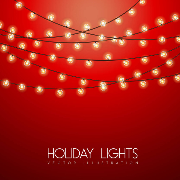 Vector garlang of gold or yellow lamps on red background. Holiday string of lights vector illustration - Vektor, obrázek