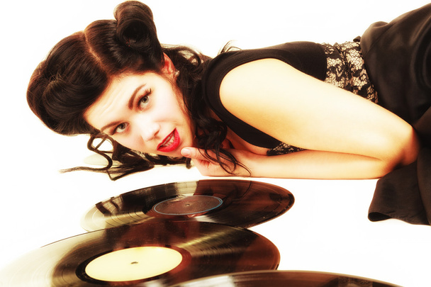 Girl with phonography analogue records music lover - Valokuva, kuva