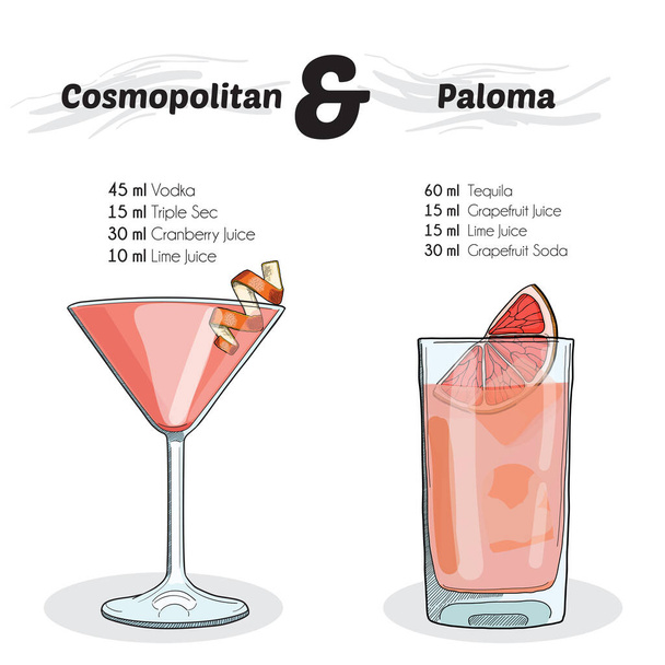 Receta colorida dibujada a mano del cóctel del verano de Cosmopolitan y de Paloma
 - Vector, imagen
