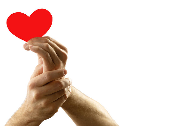 Health care and medicine concept. AIDS awareness. Two male hands holding a red heart on a white background. - Foto, imagen