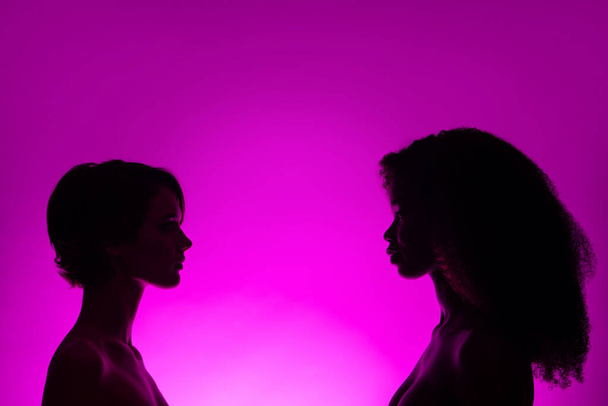 Profil Seitenansicht zwei attraktive verführerische nackte Frauen vs Familie isoliert über lebendige violett lila lila Hintergrund - Foto, Bild