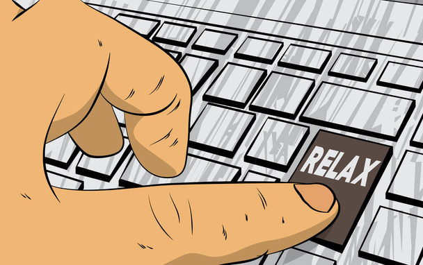 Relax word on computer keyboard. Man push keypad on laptop. Comic book style concept. - Vector, Image