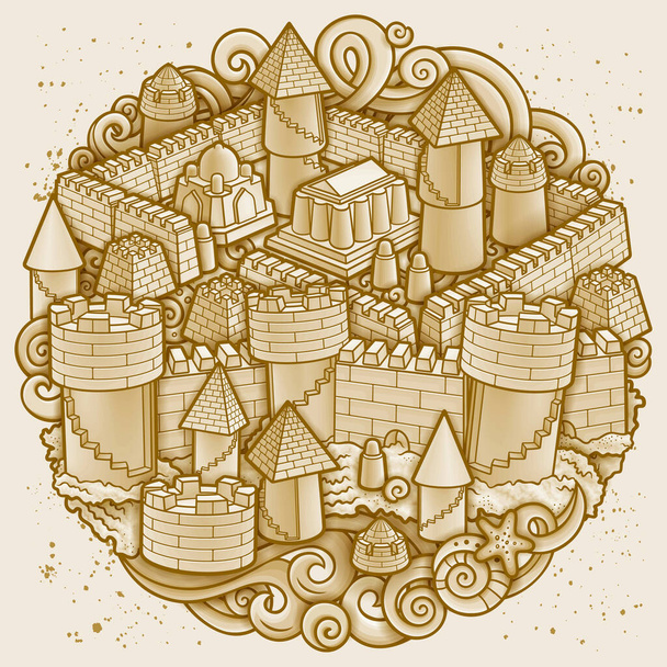 Cartoon cute doodles hand drawn summer beach sand castle round illustration - Vector, Image