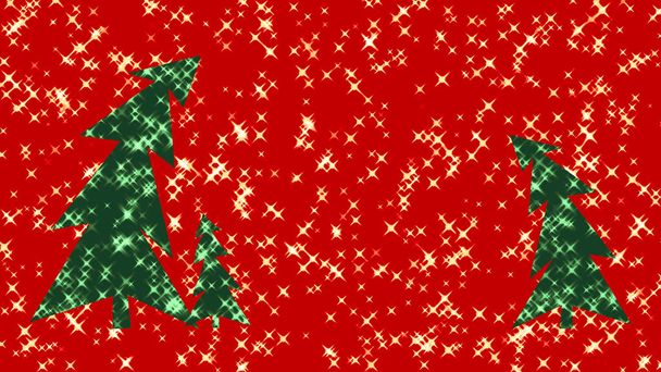 Noel arkaplanı - kırmızı zemin üzerinde üç üçgen yeşil Noel ağacı, yıldızlarla dolu, kopyalama alanı - Fotoğraf, Görsel