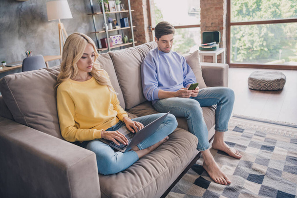 Full length photo of young couple use browse laptop cellphone online sit sofa weekend free-time indoors - Foto, afbeelding