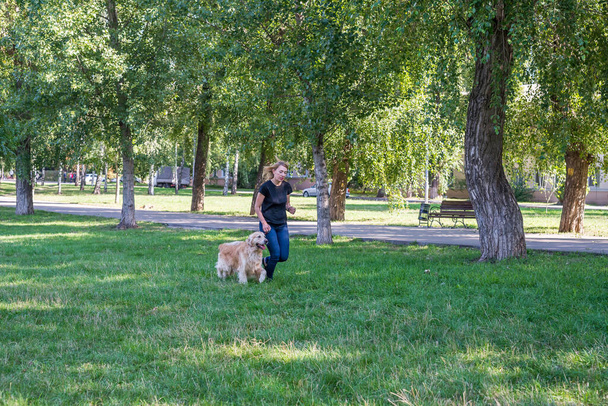 Mujer joven caminando con su recuperador en el parque en verano - Foto, Imagen