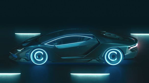 3D рендеринг Спортивный кибер неоновый автомобиль бросается на ночную дорогу с неоновыми огнями - Фото, изображение