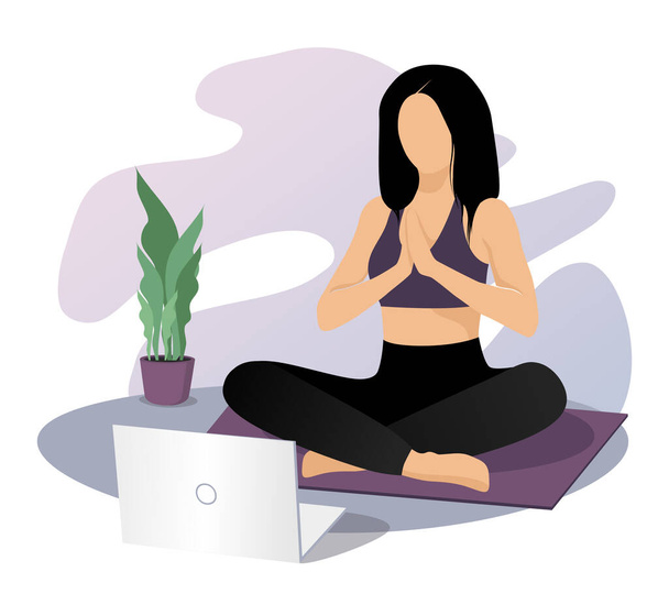 Vrouw die online lessen op laptop bekijkt, yoga beoefent, mediteert en oefeningen doet. Live stream, internetonderwijs - Vector, afbeelding