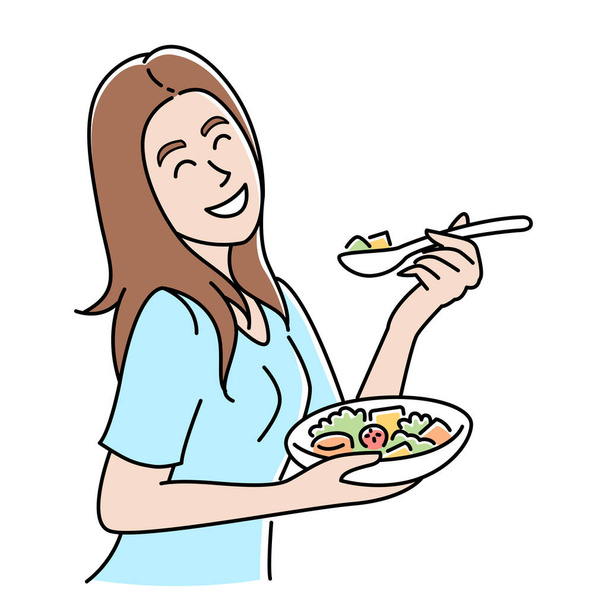 young woman eating vegetable salad, healthy eating illustration - Vector, Image