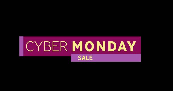 Image of Yellow and purple Cyber Monday Sale text appearing against a black screen - 写真・画像