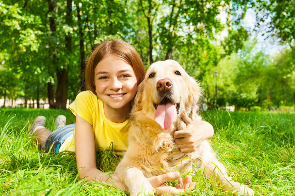 Teenage girl with her dog - Zdjęcie, obraz