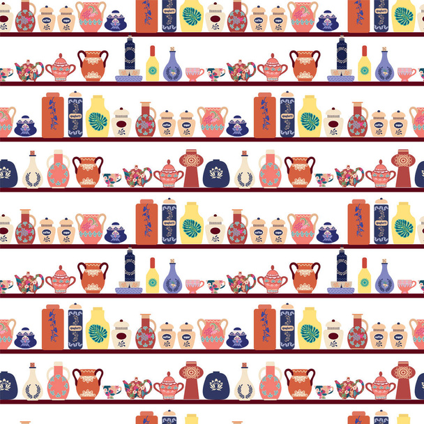Background of beautifully Decorative ceramic and porcelain household utensils and tools on shelves. Decorative ceramic utensils seamless pattern. - Vector, Imagen