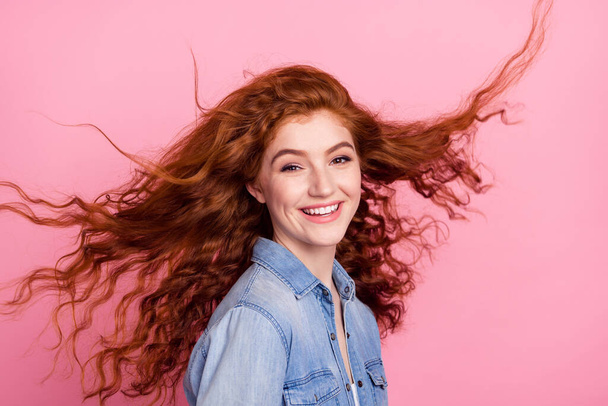 Photo of adorable pretty young woman wear denim shirt smiling wind blowing isolated pink color background - Φωτογραφία, εικόνα