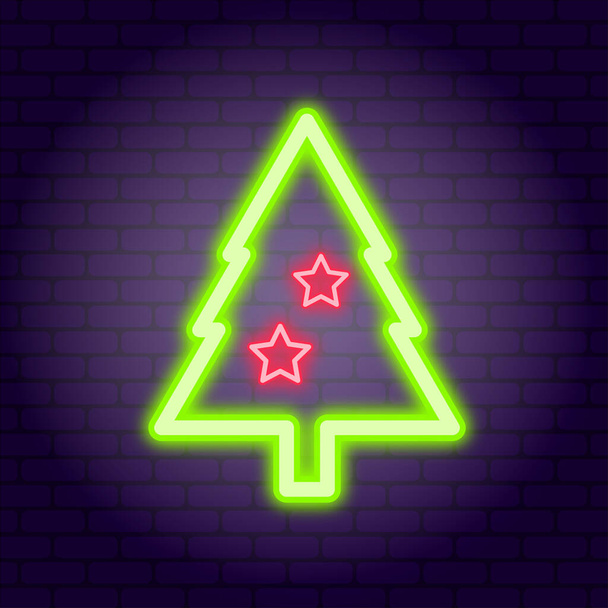 Christmas Tree. Neon illustration on dark brick wall background. - Vector, Image