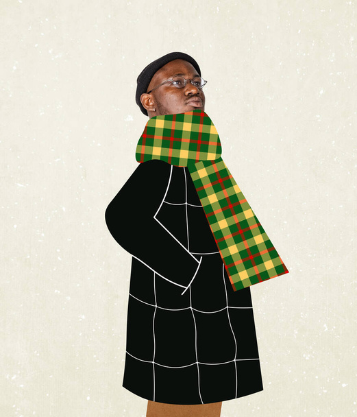 Funny sticker design. Contemporary art collage. Inspiration, idea, magazine style. Cartoon man wearing warm winter clothes - Фото, изображение