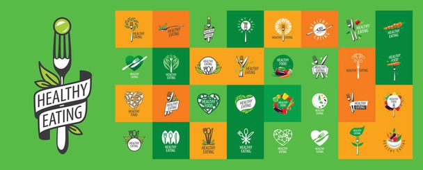 Un conjunto de logotipos de alimentos saludables vectoriales en diferentes fondos de color - Vector, imagen
