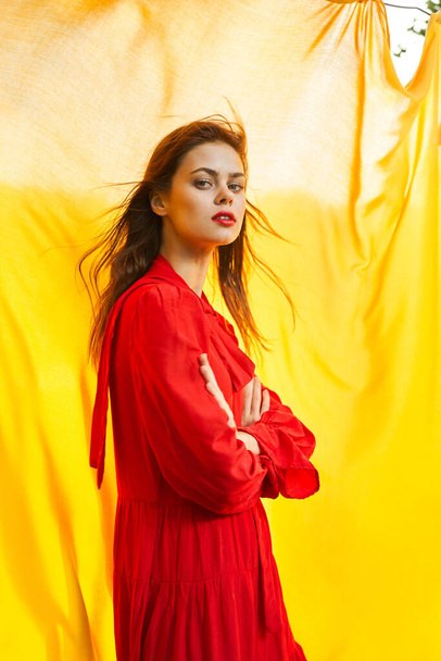 pretty woman in red dress nature yellow cloth on background - Fotografie, Obrázek