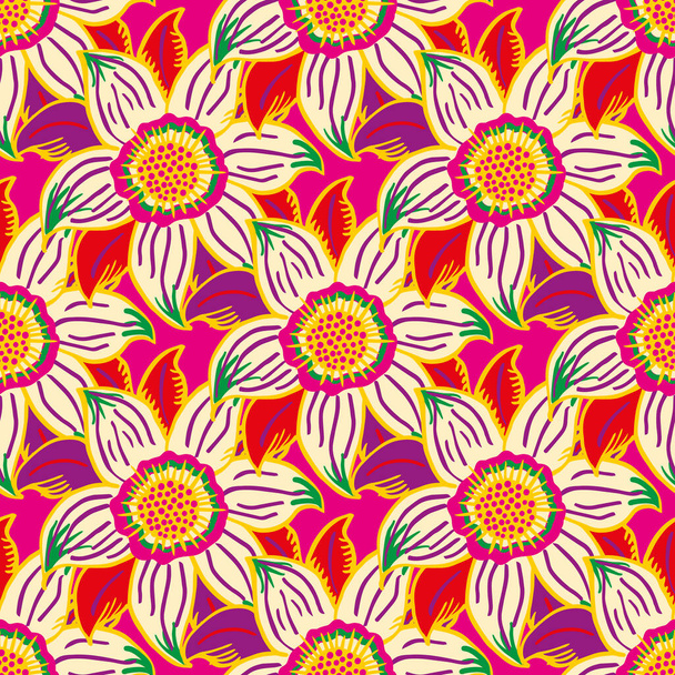 Tropical six petal flower vector seamless pattern. Bright green orange, red, purple background with hand drawn flowers and leaves. Overlapping jungle plant motifs. Textural repeat for summer, vacation - Vector, Image