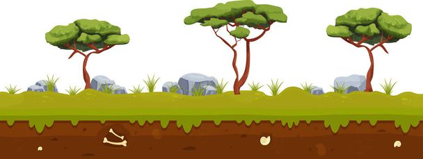 ツリー、草、漫画のスタイルで石の土壌と森のファンタジーの風景。熱帯暖かいシーン。UIゲームの背景、水平. - ベクター画像