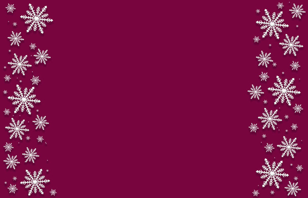 Winter magenta purpurrot gesättigt hellen Hintergrund mit weißen Schneeflocken auf zwei Seiten. Kann für Webseiten, Broschüren, Poster, Druck verwendet werden. Dies ist eine wunderbare Karte für Gratulation, Einladung, Party, Botschaft zu Weihnachten, Neujahr. - Foto, Bild