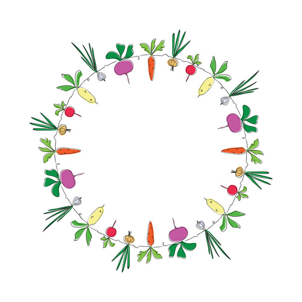 Circle frame with vegetables, one continuous line drawing. Beet, carrot, radish, turnip, onion and garlic. Design farmers market, ecofood shop, diet menu, healthy eating, emblem and logos. - Vektori, kuva
