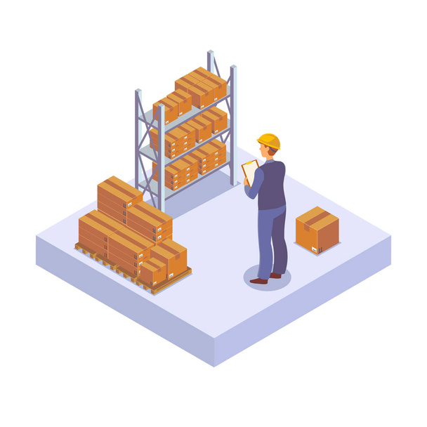 Warehouse worker makes inventory and accounting of boxes with goods - Vector, Image