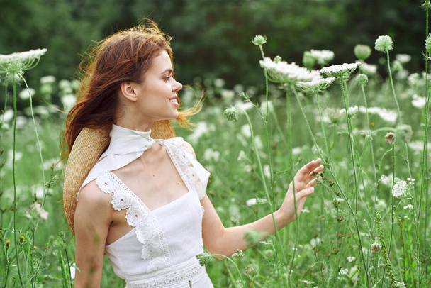 pretty woman in white dress in a field flowers nature - Foto, immagini