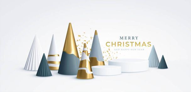 クリスマス現実的な3Dトレンドの背景。チラシ、バナー、広告のための3D幾何学的なミニマリズムクリスマスツリーの装飾。ベクターイラスト - ベクター画像