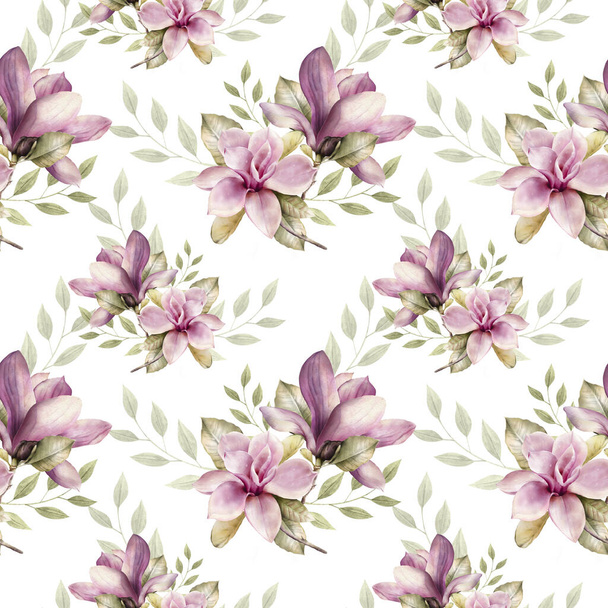 Seamless pattern of spring blooming branches of magnolia in a watercolor style. - Fotoğraf, Görsel