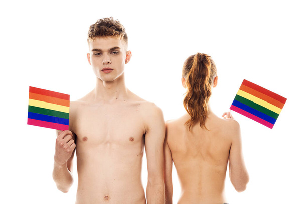 young couple lgbt Flag transgender community light background - Фото, зображення