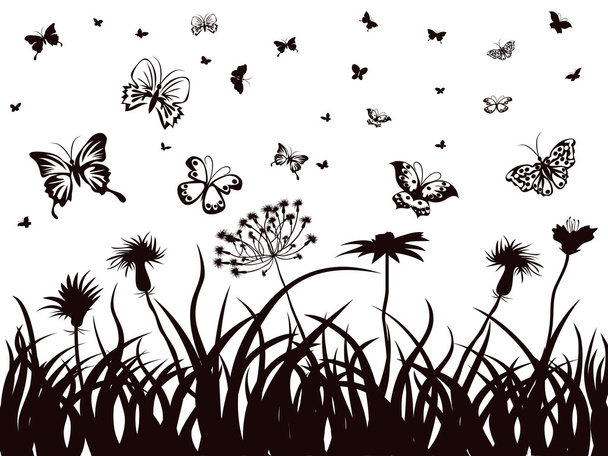 Butterflies, flowers and grass - Vektor, kép