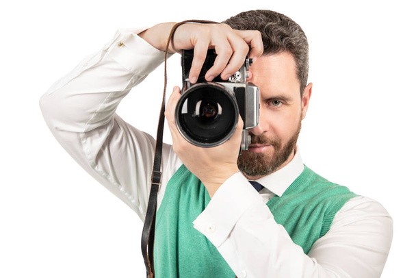 taking pictures. male photographer. businessman photographing. guy hold photo camera. amateur and professional photography. shooting session isolated on white. photoshoot. - Photo, Image