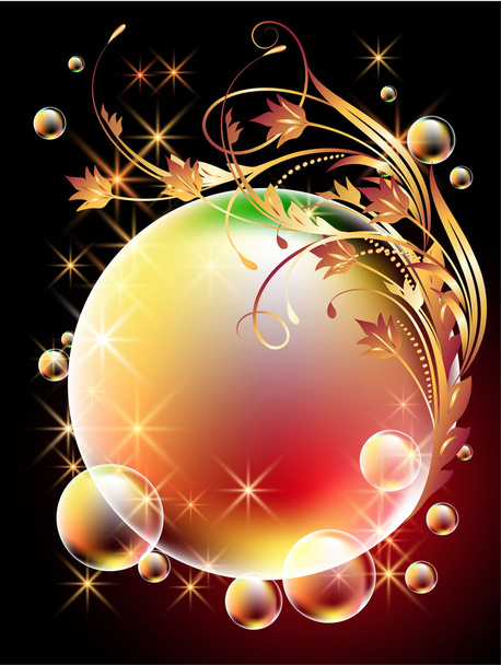 Background with sphere, golden flowers, stars and bubbles - Вектор, зображення