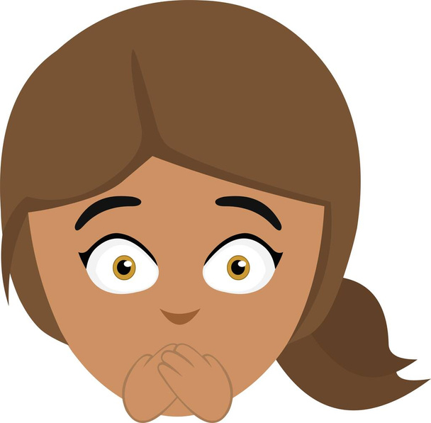 Vector illustratie van het gezicht van een cartoon brunette vrouw die haar mond met haar handen - Vector, afbeelding