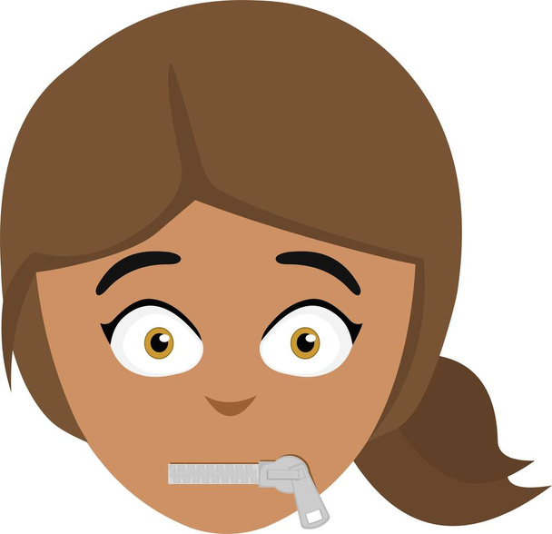 Vector illustration of the face of a cartoon brunette woman with a zipper in her mouth - Vector, Image