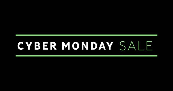 Image of white and green Cyber Monday Sale text appearing against a black screen - Fotó, kép