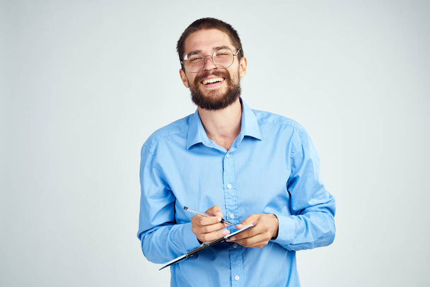 manager in blue shirt wearing glasses success emotions Professional - Foto, Imagem