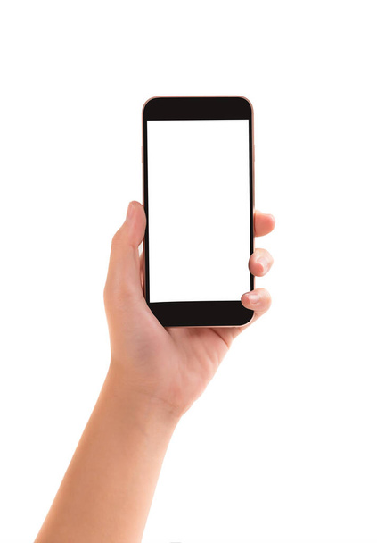 Joven mano sosteniendo teléfono inteligente negro con pantalla en blanco aislado sobre fondo blanco. - Foto, Imagen