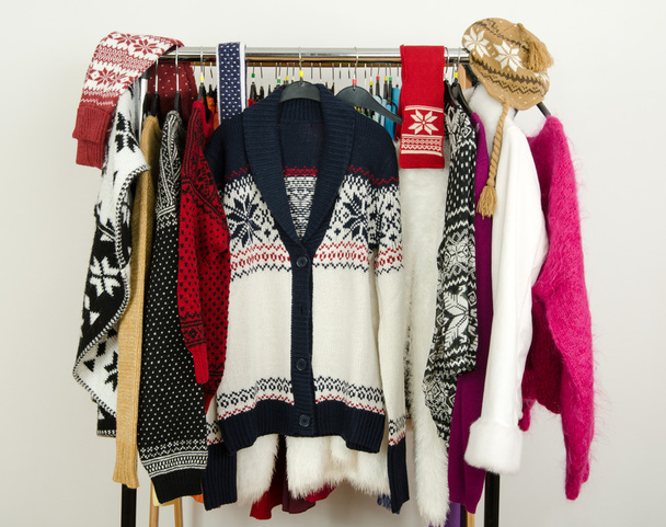 Cute sweaters with snowflakes displayed on a rack. - Фото, зображення