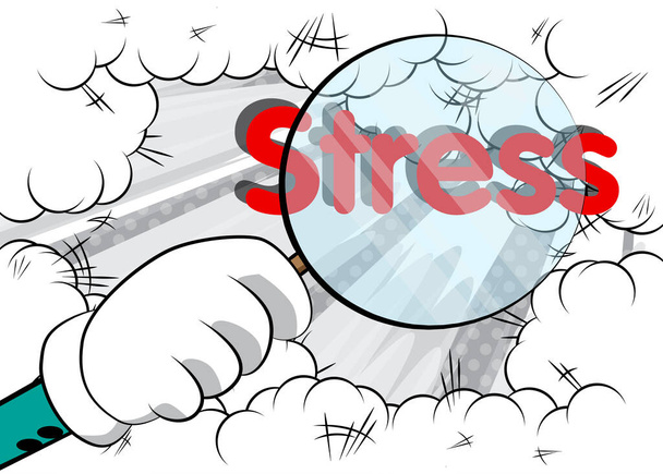 Stress testo sotto lente di ingrandimento illustrazione su sfondo fumetti. - Vettoriali, immagini