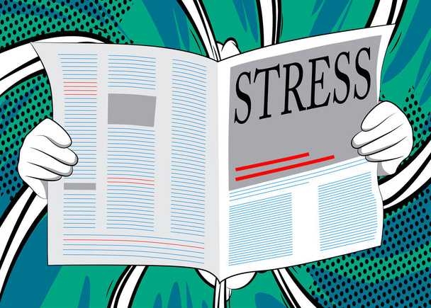Giornale d'affari con il testo Stress come titolo. Illustrazione del cartone animato vettoriale. - Vettoriali, immagini
