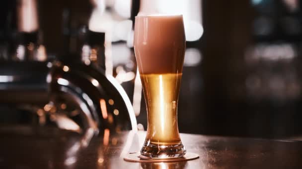 Borrador de cerveza espumosa en el vaso en el stand - Imágenes, Vídeo