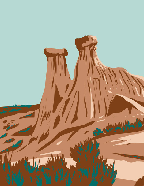Arte del cartel del WPA del Parque Estatal Makoshika que muestra formaciones rocosas ubicadas en el condado de Dawson, Montana, Estados Unidos de América. - Vector, imagen