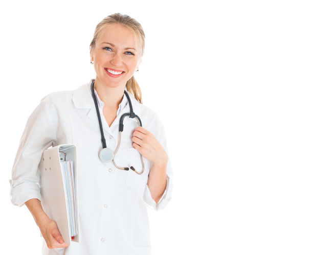 Portrait of smiling female doctor. Isolated on white background. - Photo, Image