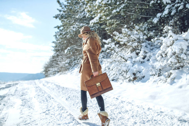 Жінка подорожує взимку. Красива дівчина взимку в природі
. - Фото, зображення