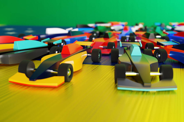 ilustración 3d primer plano de los coches de carreras en el inicio de una carrera de automóviles. Niños coches de carreras coloridos - Foto, imagen