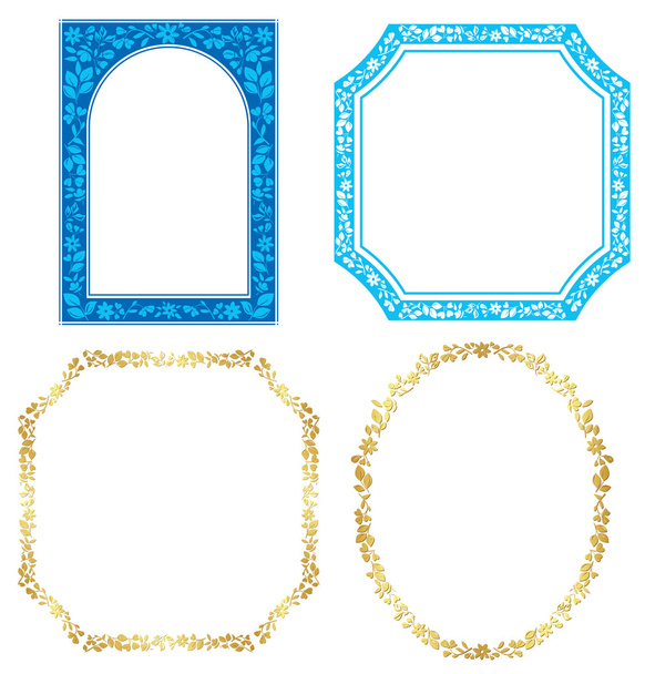 Set of vector blue and golden frames with plants - Vector, Image