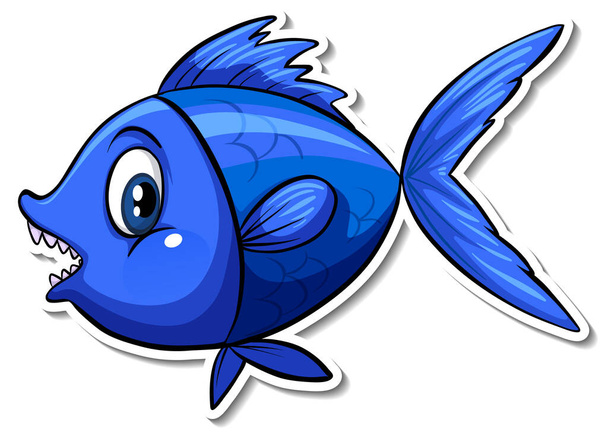 Pescado azul animal marino dibujos animados etiqueta ilustración - Vector, imagen